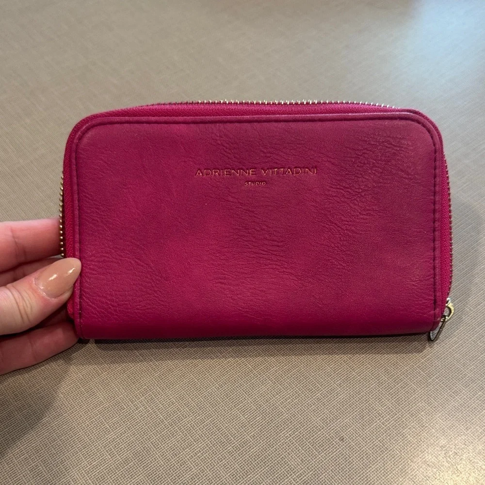 Adrienne Vittadini Magenta Leather Zip-Around Wallet with Gold Accents
